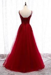 Burgundy Lace Long Prom Dresses, A-Line Spaghetti Strap Evening Dresses