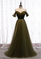 Green Tulle Long A-Line Prom Dresses, Off the Shoulder Evening Dresses