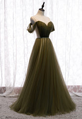 Green Tulle Long A-Line Prom Dresses, Off the Shoulder Evening Dresses