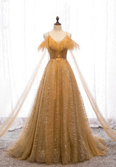 Gold V-Neck Tulle Long Prom Dresses, A-Line Evening Dresses