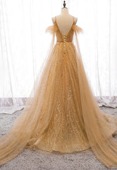 Gold V-Neck Tulle Long Prom Dresses, A-Line Evening Dresses