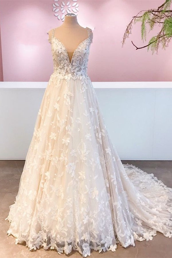 Romantic Long A-Line Sweetheart Appliques Lace Tulle Wedding Dress