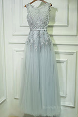 Round Neck Lace Prom Dresses, Lace Formal Evening Dresses