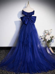 Royal Blue Mermaid Satin Long Prom Dress, Off Shoulder Blue Evening Dress