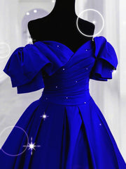 Royal Blue Satin Long Sweetheart Party Dress, Blue Satin Prom Dress