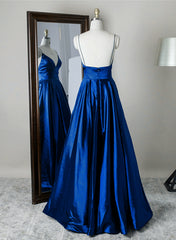 Royal Blue Satin Straps V-neckline Long Formal Dress, Royal Blue Prom Dress Evening Dress