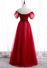 Red Tulle Long Prom Dresses, A-Line Off the Shoulder Evening Dresses
