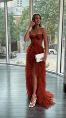 Rust Red Sweetheart High Low Tiered Formal Dress,Tulle Long Evening Prom Dresses