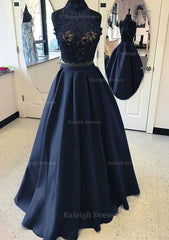 Satin Prom Dress A Line Princess High Neck Long Floor Length With Lace