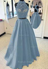 Satin Prom Dress A Line Princess High Neck Long Floor Length With Lace