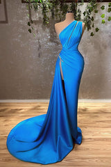 Sexy Blue One Shoulse Split Siren Dress Prom Vestido con cuentas