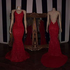 Prom Dresses Glitter, Sexy Spaghetti Straps Red Mermaid Prom Dress Sequins Chiffon Long