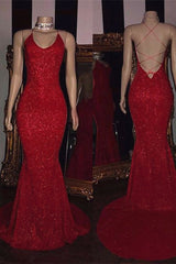Prom Dresses Chicago, Sexy Spaghetti Straps Red Mermaid Prom Dress Sequins Chiffon Long