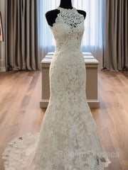 Sheath/Column Halter Sweep Train Lace Wedding Dresses