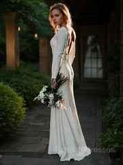 Sheath/Column Jewel Sweep Train Stretch Crepe Wedding Dresses