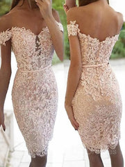 Sheath/Column Off-the-Shoulder Knee-Length Lace Homecoming Dresses