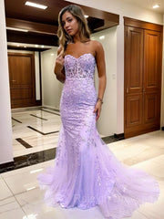 Sheath/Column Sweetheart Court Train Tulle Prom Dresses With Appliques Lace