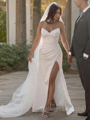 Sheath/Column Sweetheart Sweep Train Satin Wedding Dresses With Leg Slit