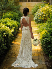 Sheath/Column V-neck Court Train Lace Wedding Dresses With Belt/Sash