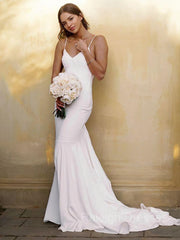 Sheath/Column V-neck Court Train Stretch Crepe Wedding Dresses