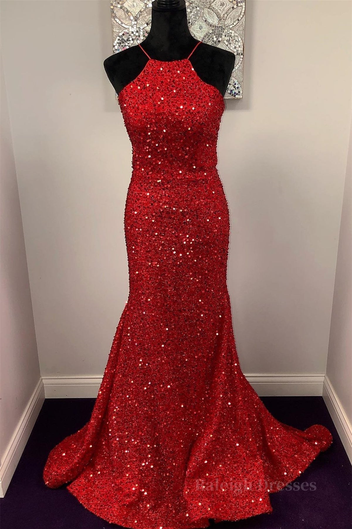 Shiny Sequins Backless Mermaid Red Long Prom Dresses, Mermaid Red Formal Dresses, Backless Red Evening Dresses