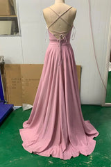 Shiny V Neck Pink Long Prom Dresses, Pink V Neck Long Formal Evening Dresses
