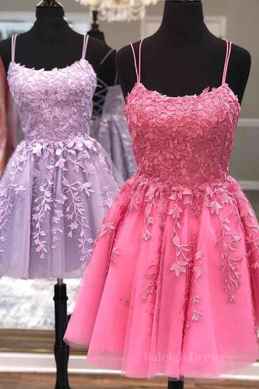 Short A Line Thin Straps Lace Prom Dress, Lace Homecoming Dress, Short Formal Evening Dress
