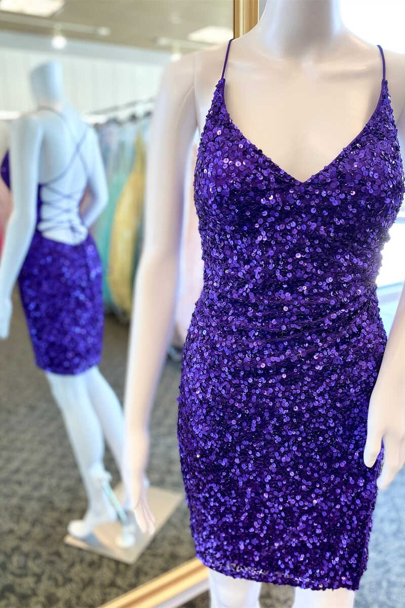 Short Purple Sequined V-Neck Party Dress Homecoming Dresses