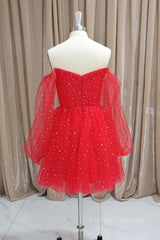 Short Red Long Sleeves Tulle Prom Dresses, Short Red Long Sleeves Formal Homecoming Dresses