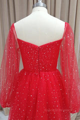 Short Red Long Sleeves Tulle Prom Dresses, Short Red Long Sleeves Formal Homecoming Dresses