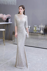 Silver Long sleeves Long Prom Dresses