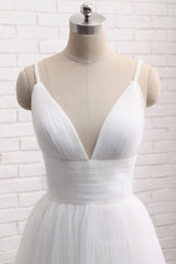 Simple A Line V Neck White Wedding Dresses, V Neck White Tulle Prom Formal Dresses