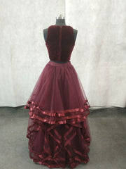 Simple Burgundy Two Pieces Tulle Long Prom Dress, Burgundy Evening Dress