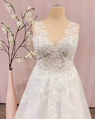 Simple Long V-neck A-Line Backless Wedding Dress With Appliques Lace