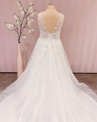 Simple Long V-neck A-Line Backless Wedding Dress With Appliques Lace
