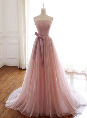 Simple Pink Fashionable Scoop Tulle Long Wedding Party Dress with Bow, Pink Long Formal Dress