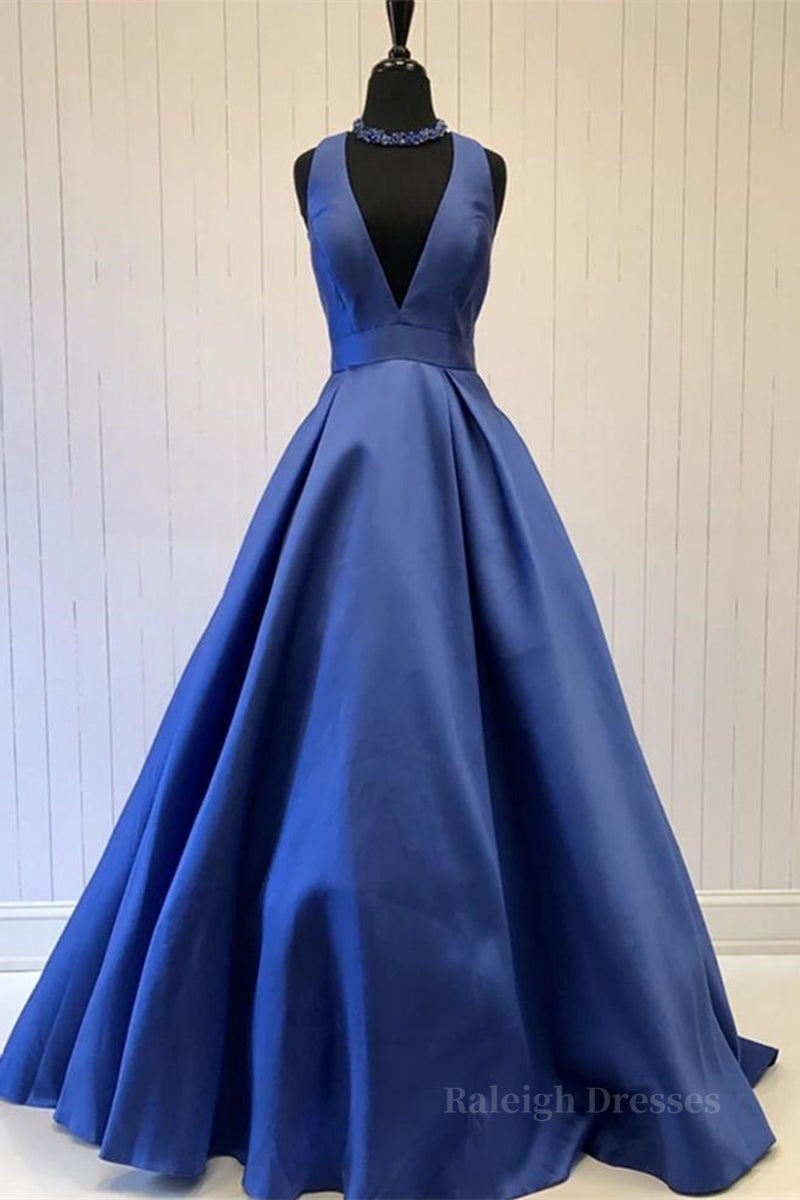 Simple V Neck Blue Satin Long Prom Dress, V Neck Blue Formal Dress, Cheap Blue Evening Dress