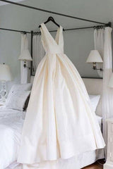 Simple V Neck Ivory Satin Long Prom Dress, Open Back Ivory Formal Evening Dress, Ivory Wedding Dress