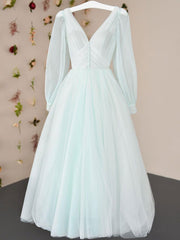 Simple v neck tulle tea length prom dress, tulle formal dress