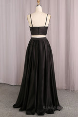 Simple V Neck Two Pieces Black Prom Dresses, 2 Pieces Black Long Formal Dresses, Black Evening Dresses