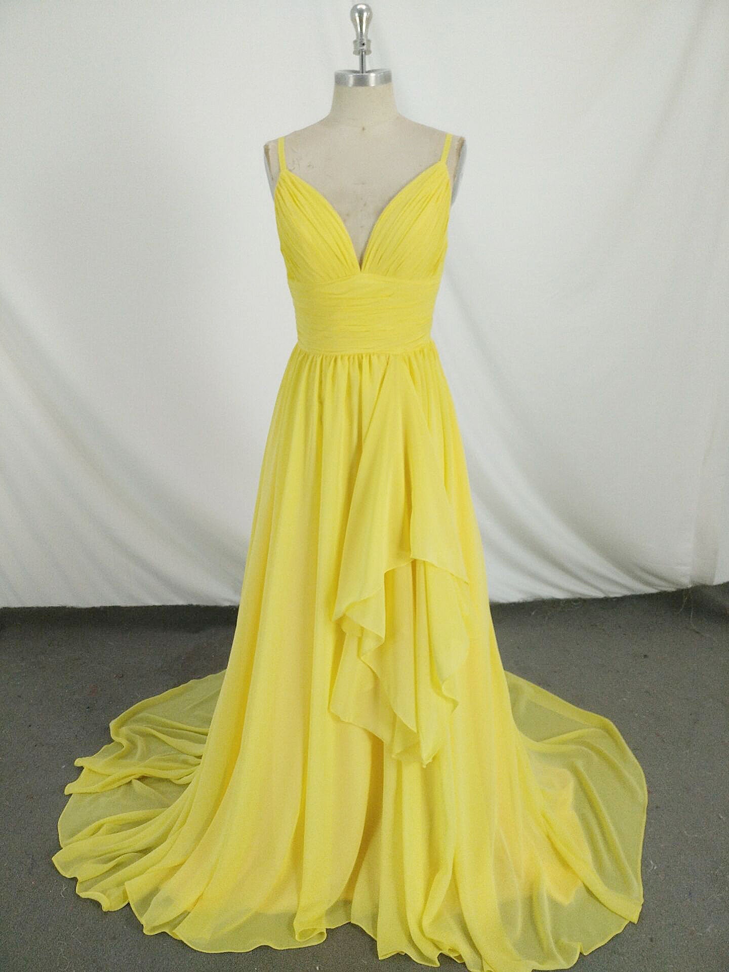 Simple V Neck Yellow Chiffon Long Prom Dress, Yellow Evening Dress