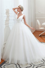 Simple White A Line V Neck Open Back Tulle Wedding Dresses