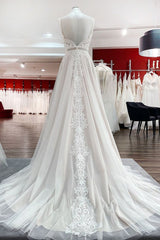 Simply Long A-line Tulle Lace Open Back Wedding Dresses