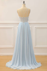 Sky Blue A-line Bateau Tulle 3D Applique Long Prom Dress