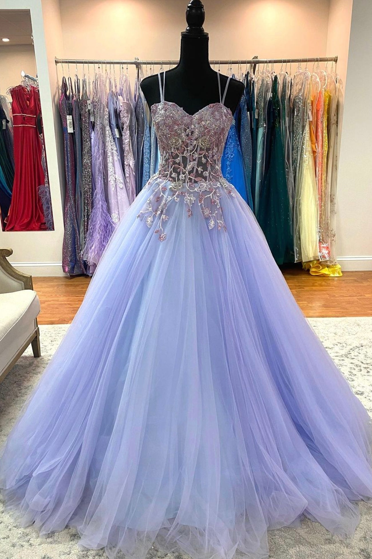 Spaghetti Strap Lace Evening Dress, Purple A-Line Prom Dress
