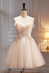 Spaghetti Strap V Neck Tulle Short Prom Dress, Cute Champagne Homecoming Dress