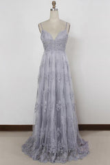 Spaghetti Straps Long Lace Prom Gown, A Line V Neck Sleeveless Formal Dresses