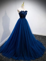 Strapless Blue Velvet Long Prom Dresses, Blue Velvet Long Formal Graduation Dresses