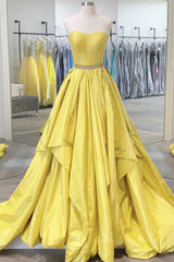 Strapless Open Back Fluffy Yellow Satin Long Prom Dress, Layered Yellow Formal Evening Dress