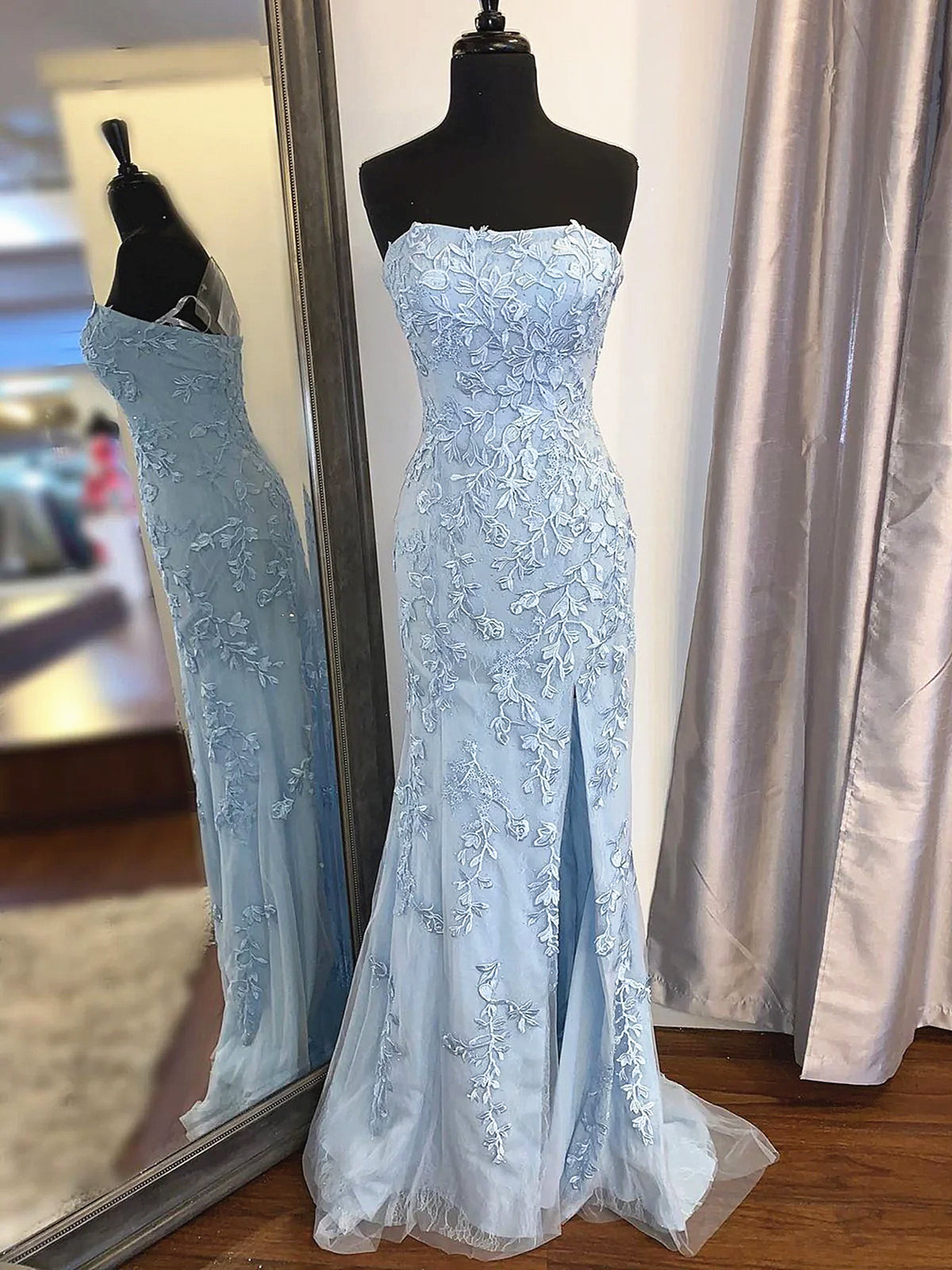 Strapless Sky Blue Lace Mermaid Long Prom Dresses, Blue Lace Mermaid Formal Graduation Dresses
